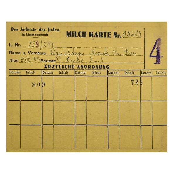 Milk Ration Card for Jewish Child from Lodz Litzmannstadt Ghetto