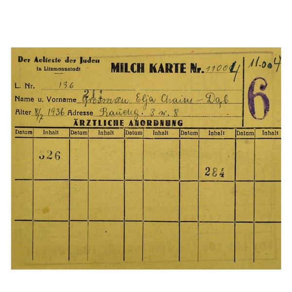Milk Ration Card for Jewish Child from Lodz Litzmannstadt Ghetto