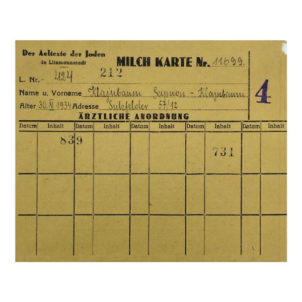Milk Ration Card for Jewish Child from Lodz Litzmannstadt Ghetto
