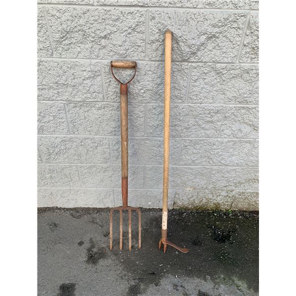 Lot of 2 Garden Tools - Pitch Fork & Grandpa's Weeder Stand Up Weeder