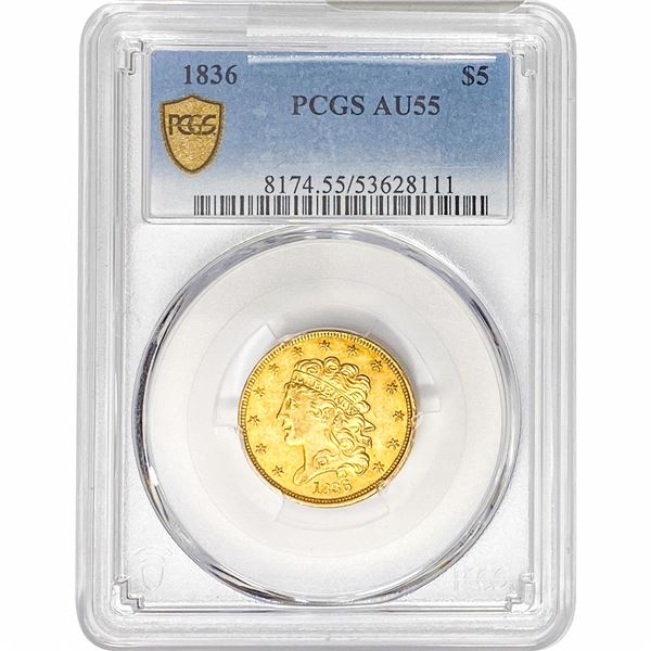 1836 $5 Gold Half Eagle PCGS AU55