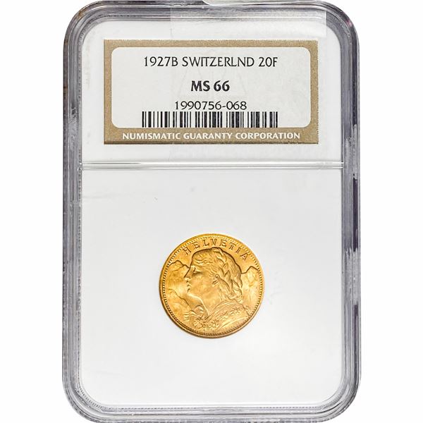 1927B Switzerland .1867oz Gold 20 Francs NGC MS66