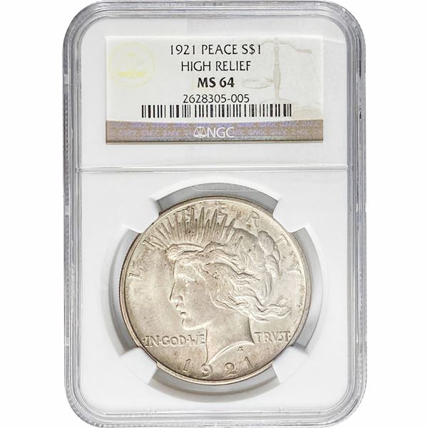 1921 Silver Peace Dollar NGC MS64 High Relief