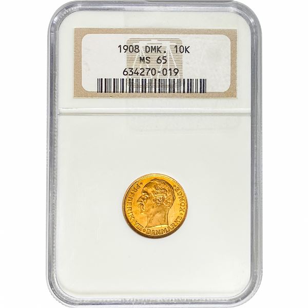 1908 Denmark .1296oz Gold 10 Kroner NGC MS65