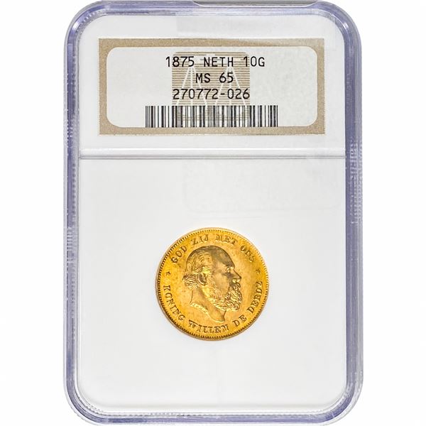 1875 Netherlands .1947oz Gold 10 Gulden NGC MS65