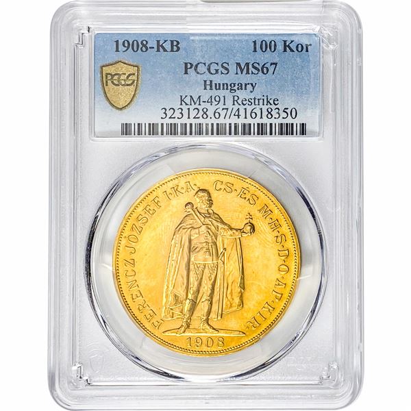 1908-KB Hungary .9802oz Gold 100 Korona PCGS MS67
