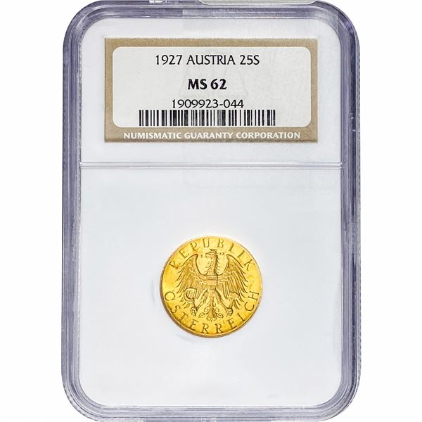 1927 Austria .1702oz Gold 25 Schilling NGC MS62