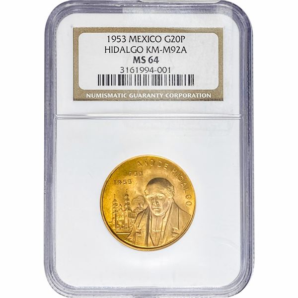 1953 Mexico .4823oz Gold 20 Pesos Hidalgo NGC MS64