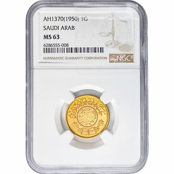 AH1370[1950] Saudi Arabia .2355oz Gold Guinea NGC MS63