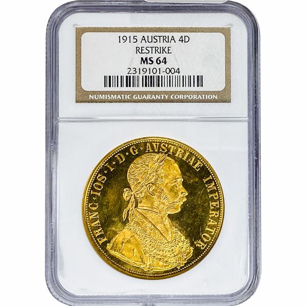 1915 Austria .443oz Gold 4 Ducat NGC MS64 Restrike