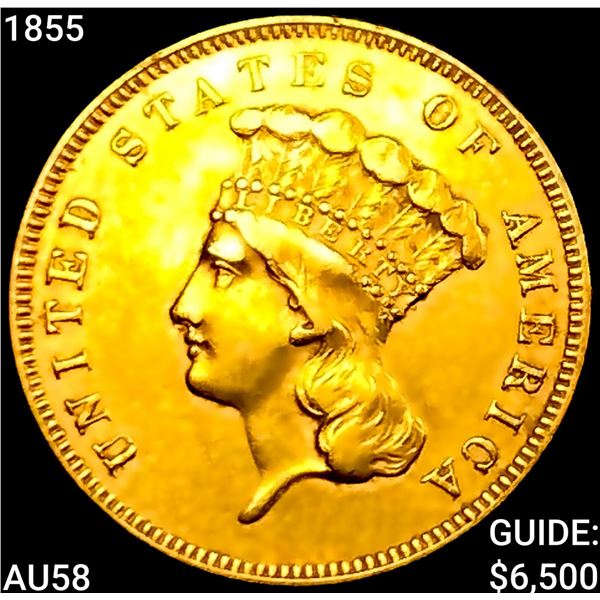 1855 $3 Gold Piece CHOICE AU