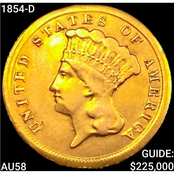 1854-D $3 Gold Piece CHOICE AU