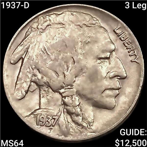 1937-D 3 Leg Buffalo Nickel CHOICE BU