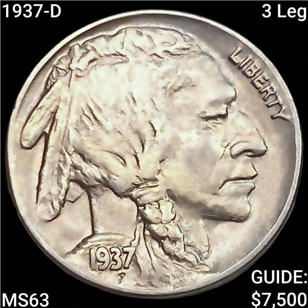 1937-D 3 Leg Buffalo Nickel CHOICE BU