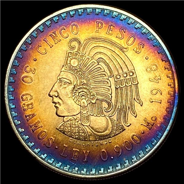 1948 Mexico Silver 5 Pesos CuauhtÃƒÂ©moc SUPERB GEM BU
