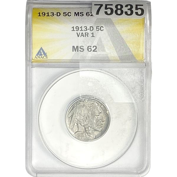 1913-D Buffalo Nickel ANACS MS62 VAR 1