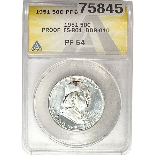1951 Franklin Half Dollar ANACS PF64