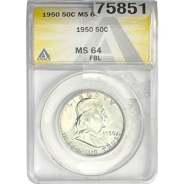 1950 Franklin Half Dollar ANACS MS64 FBL