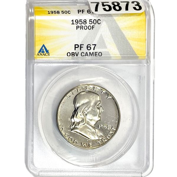 1958 Franklin Half Dollar ANACS PF67 OBV Cameo
