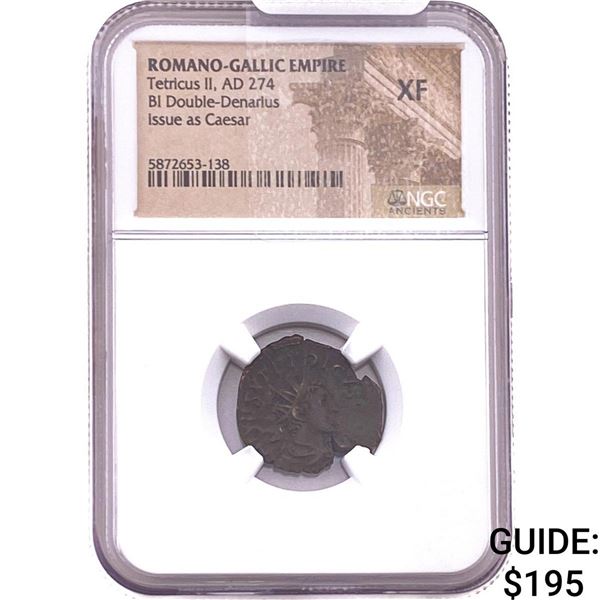 Roman-Gallic Tetricus II 274 AD BI Dbl-Denarius  XF