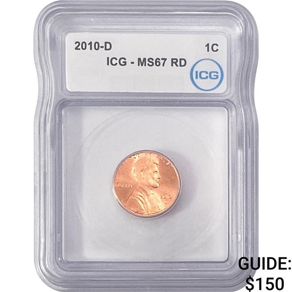 2010-D Union Shield Lincoln Cent ICG MS67 RD