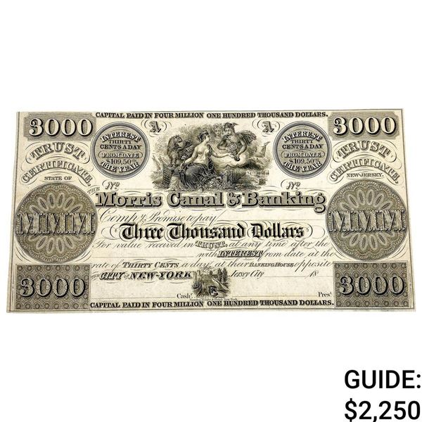 1800's $3000 Morris Canal&Banking Trust Certif.