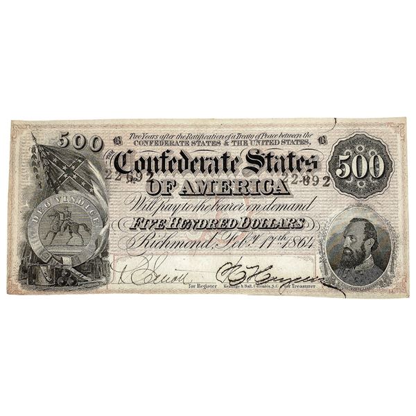 1864 $500 Confed. States of America Note-Richmond