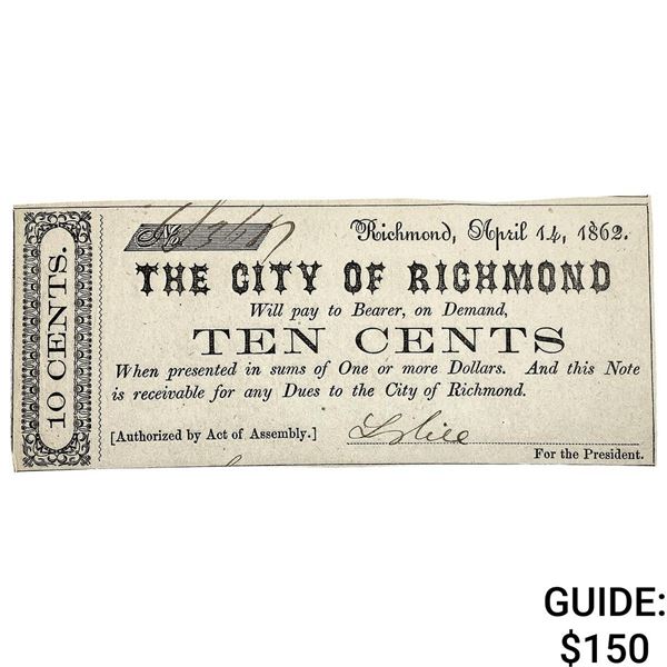 1862 10C City of Richmond Fractional Note