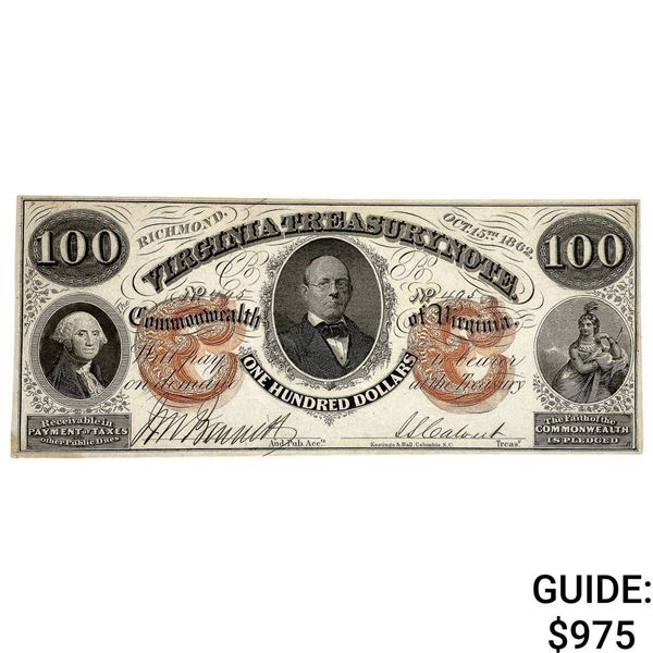 1862 $100 Virginia Treasury Note-Richmond