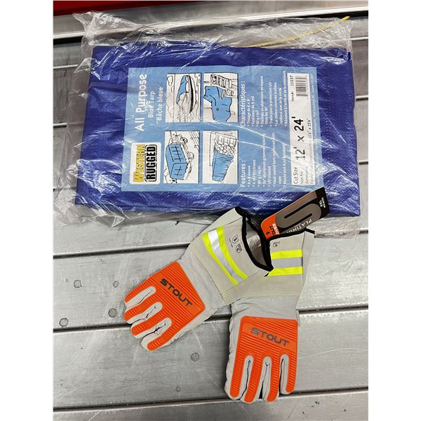Blue Tarp 12x24 and Stout Gloves NEW