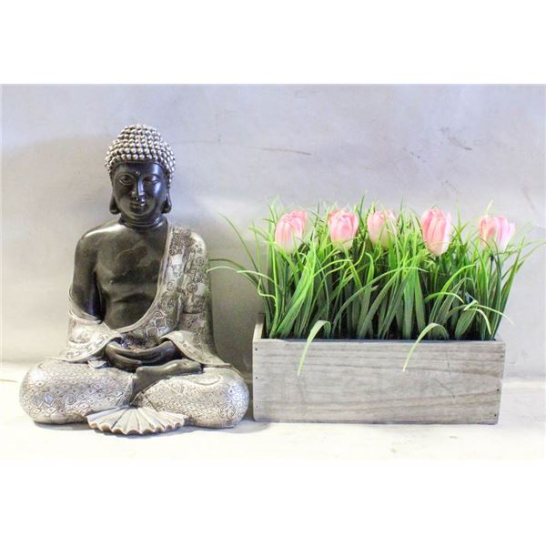 ESTATE BUDDAH FIGURE + FAUX FLOWERS IN POT