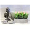 Image 1 : ESTATE BUDDAH FIGURE + FAUX FLOWERS IN POT