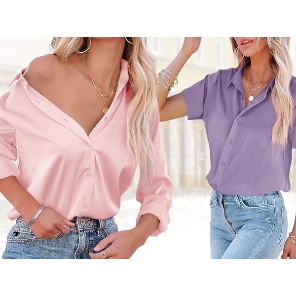 NEW AISEW WOMENS SATIN BUTTON PINK CASUAL SHIRT