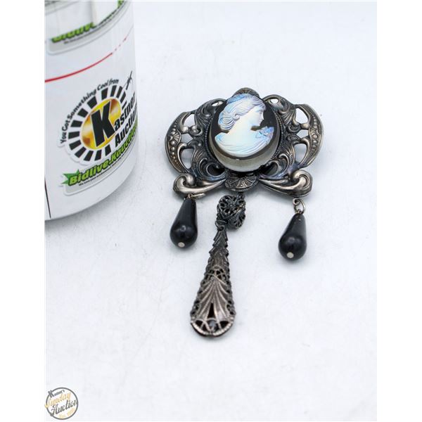 VINTAGE IRIDESCENT CAMEO BROOCH W/ TASSELS