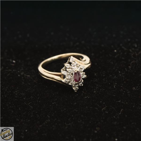 14K YELLOW GOLD RUBY AND DIAMOND CLUSTER RING SZ 4