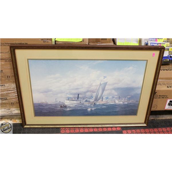 VINTAGE STEAM BOAT OCEAN FRAMED PICTURE 27" X 40"
