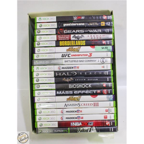 FLAT OF XBOX 360, PLAY STATION GAMES- APPROX 18