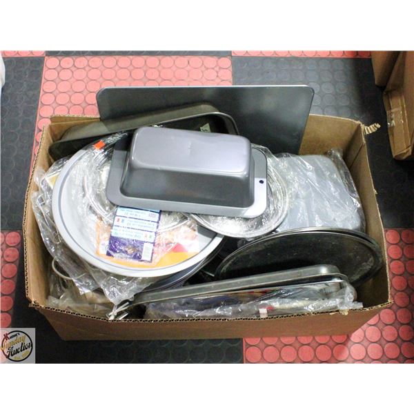 BOX OF BAKING TINS AND DISHES
