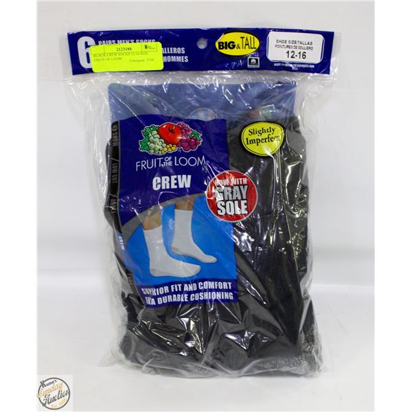 BLACK CREW SOCKS 12-16 SIZE FRUIT OF LOOM