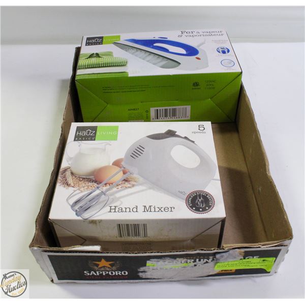 FLAT OF NEW OLD STOCK HAND MIXER AND STEAMER