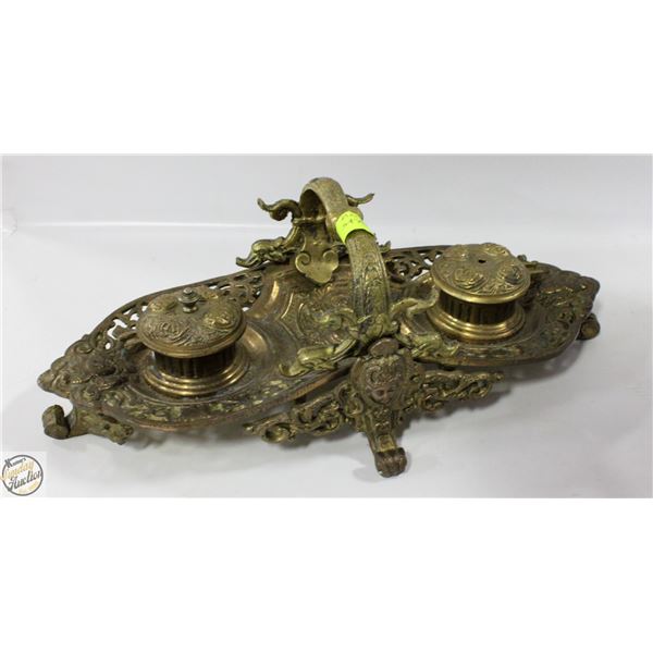 ANTIQUE BRASS DOUBLE INKWELL - TARNISHED