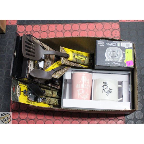 BOX OF NEW MUGS AND CUTLERY