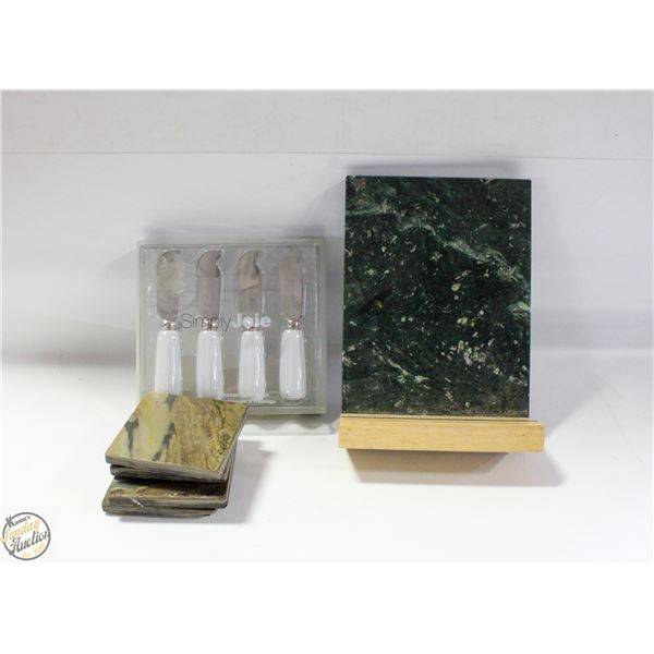 CHEESE CUTTING SET, MARBLE BOARD & COASTERS