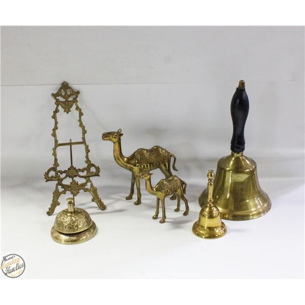 VINTAGE BRASS CAMELS, 3 BRASS BELLS, BRASS EASEL