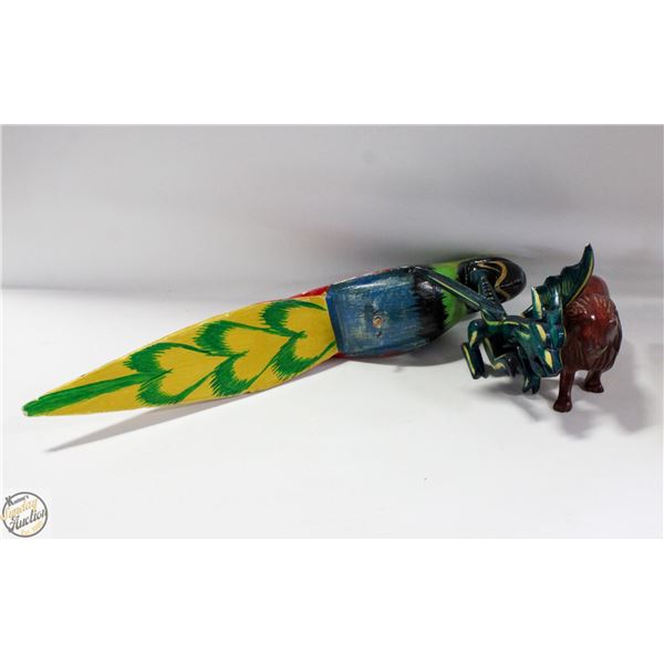 WOODEN HANDMADE LION, DRAGON & PARROT