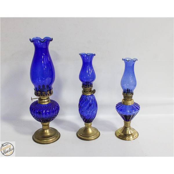 3 BLUE CAROSENE LAMPS