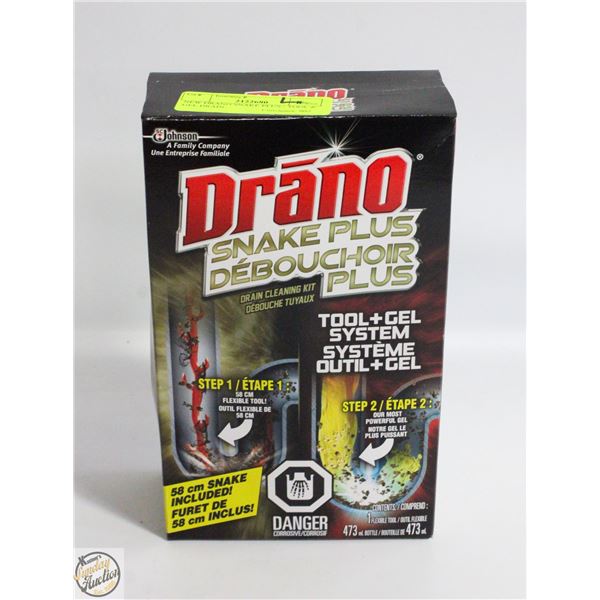 NEW DRANO SNAKE PLUS - TOOL & GEL DRAIN