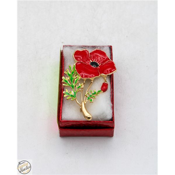 NEW FLORAL POPPY BROOCH RED ENAMEL