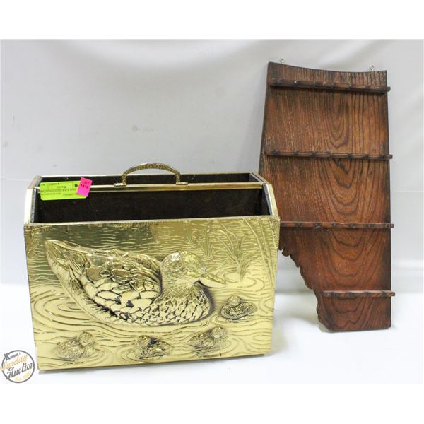 BRASS MAGAZINE RACK WITH WOODEN DECOR