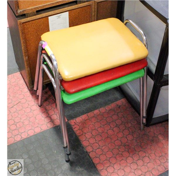 3 VINTAGE CHROME STACKING STOOLS